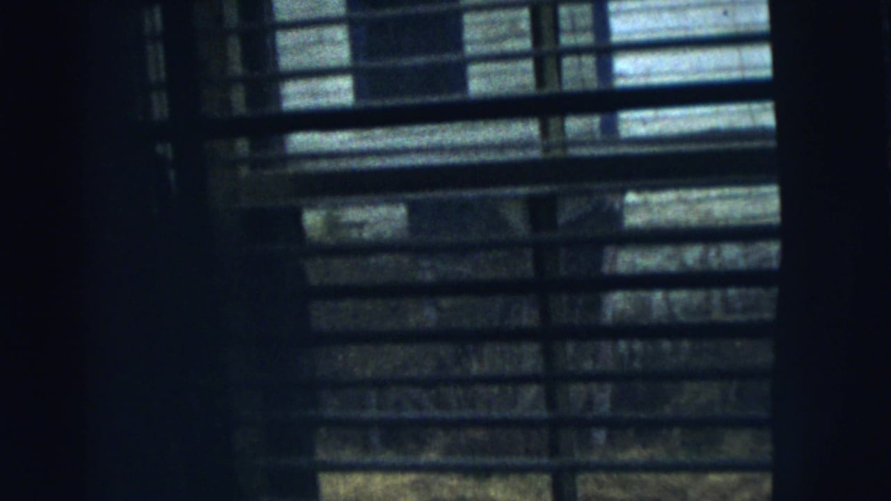 A dim 8mm view from inside a Gary, Indiana home shows horizontal blinds masking the neighboring exterior.