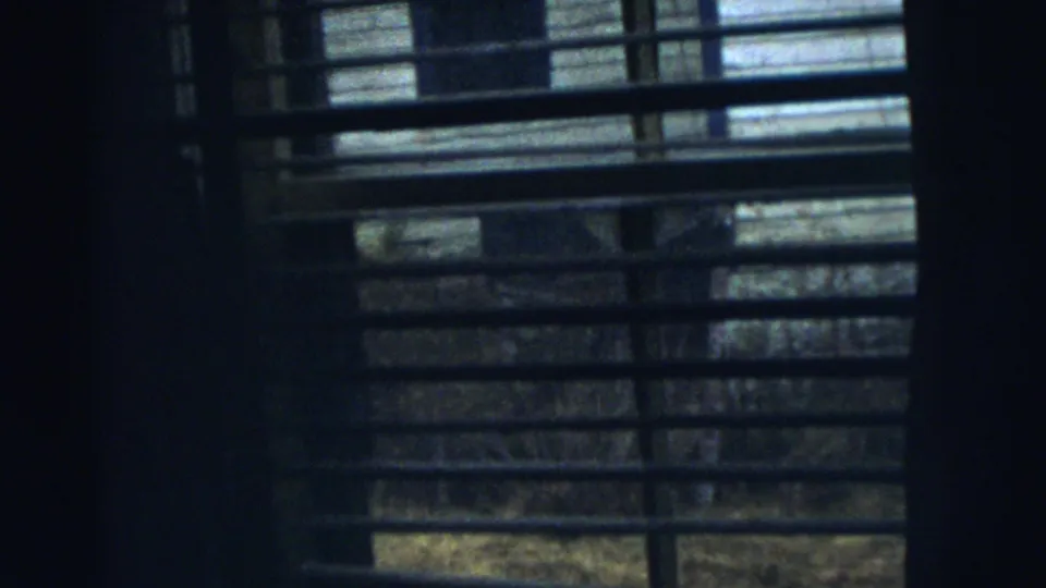 The 1961 home-movie frame holds on horizontal blinds, with a neighboring structure faintly visible outside.