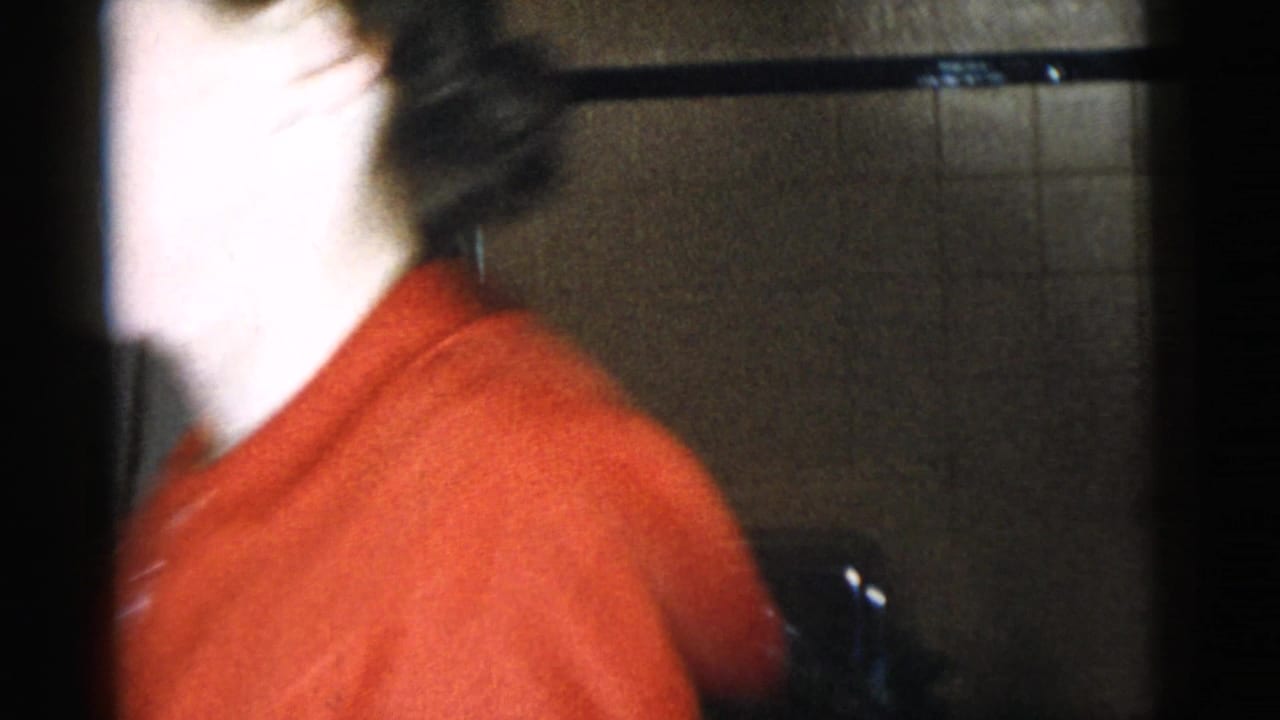 1961 Gary, Indiana frame with a woman in a red top passing close to the camera in a private indoor setting.