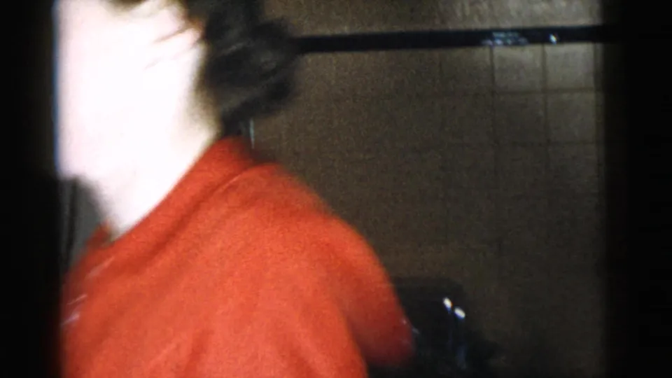 1961 Gary, Indiana frame with a woman in a red top passing close to the camera in a private indoor setting.