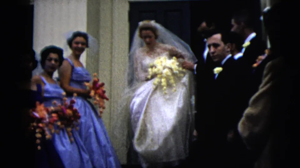Wedding party in Moline, Illinois, with the veiled bride holding yellow flowers beside bridesmaids in blue dresses and suited attendants.