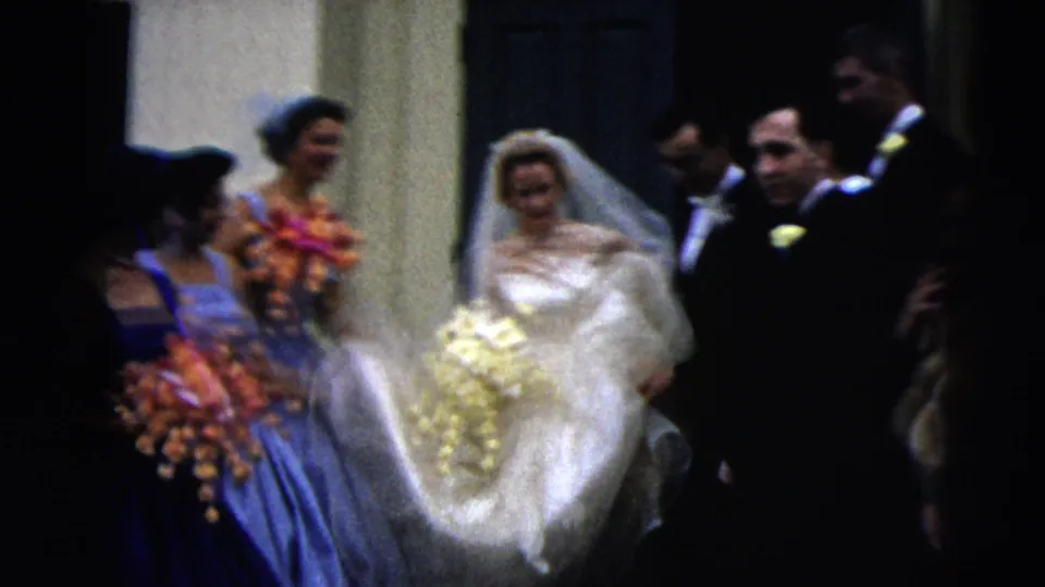 Moline wedding party moment with the bride holding her gown and bouquet, surrounded by attendants in formal dress.