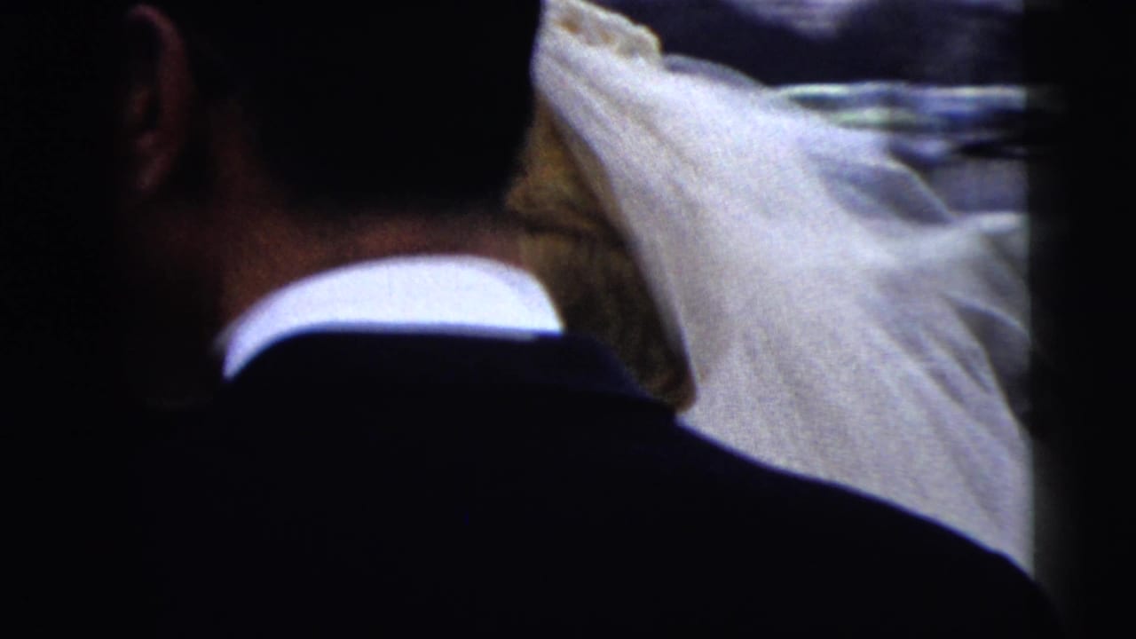 Bride in white veil seen from behind among dark-suited wedding guests near parked cars.