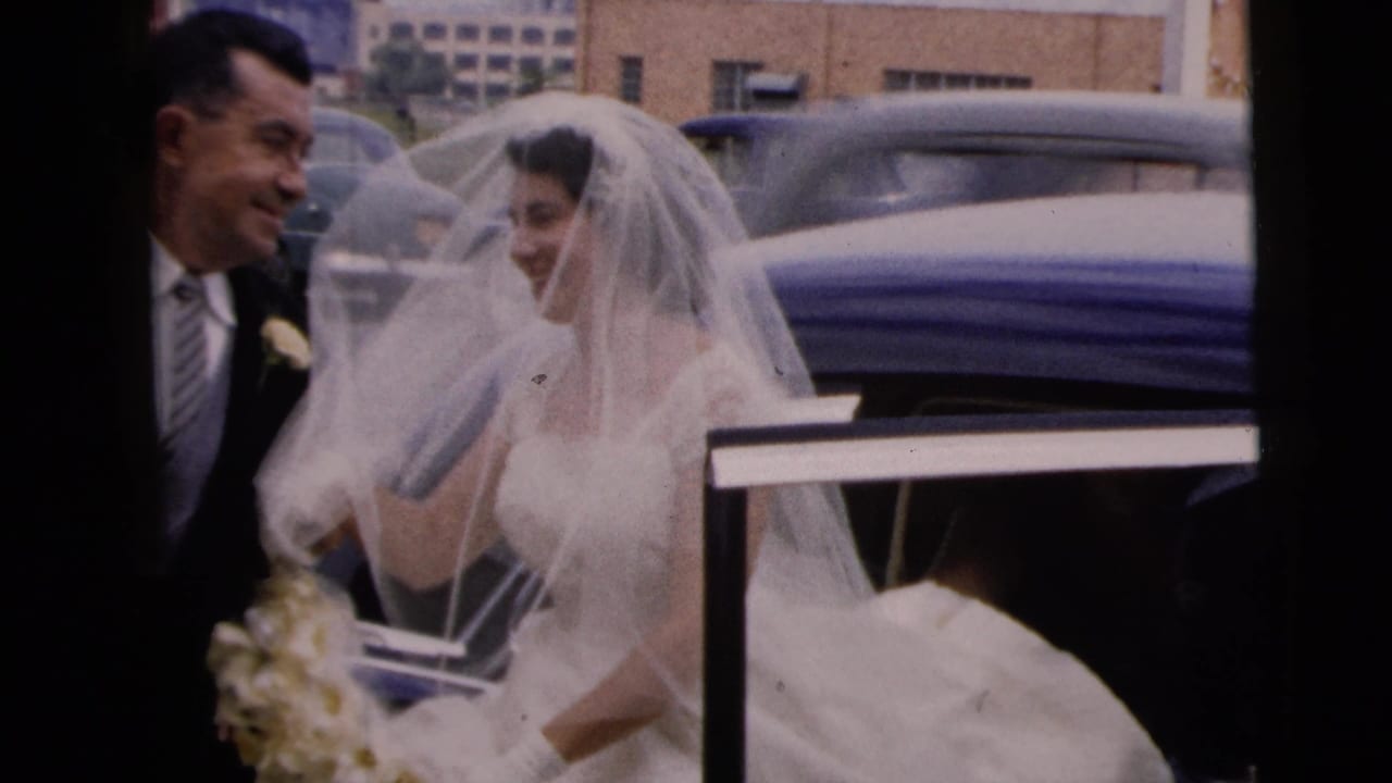 Bride in veil steps from a car beside a smiling groom on a city street.