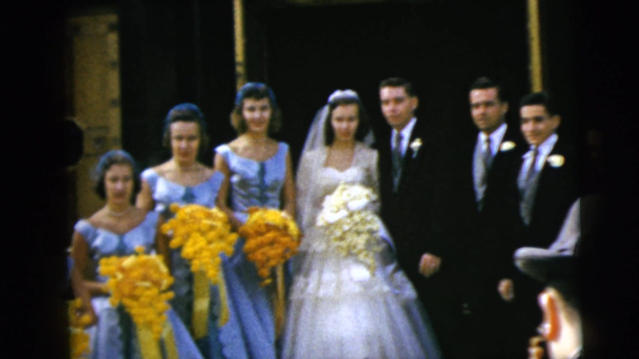 The wedding party remains posed in Moline, Illinois, with blue bridesmaid dresses, yellow bouquets, and dark-suited groomsmen surrounding the bride and groom.