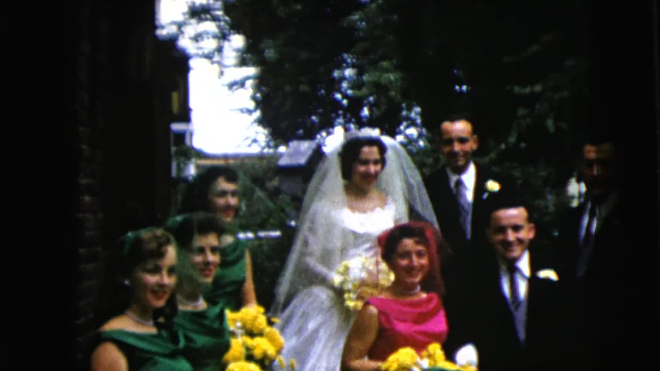 Mid-century wedding party in Moline, Illinois, with bride, attendants, yellow bouquets, and suited men framed by deep shadows and foliage.
