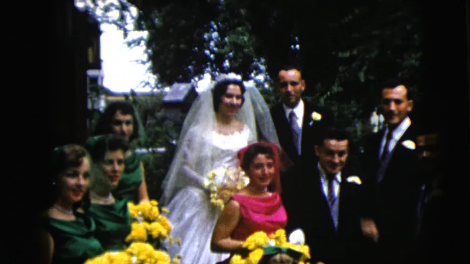 1962 Moline wedding party portrait with the bride centered, groom beside her, attendants in green, and a woman in pink holding flowers.