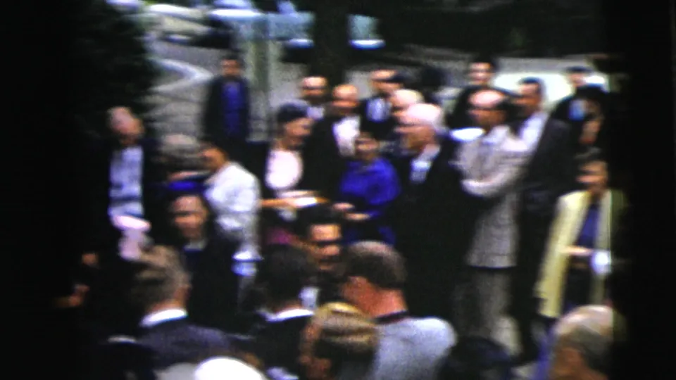 A wider view shows wedding guests and attendants gathered near steps or a walkway during the 1962 Moline outdoor celebration.