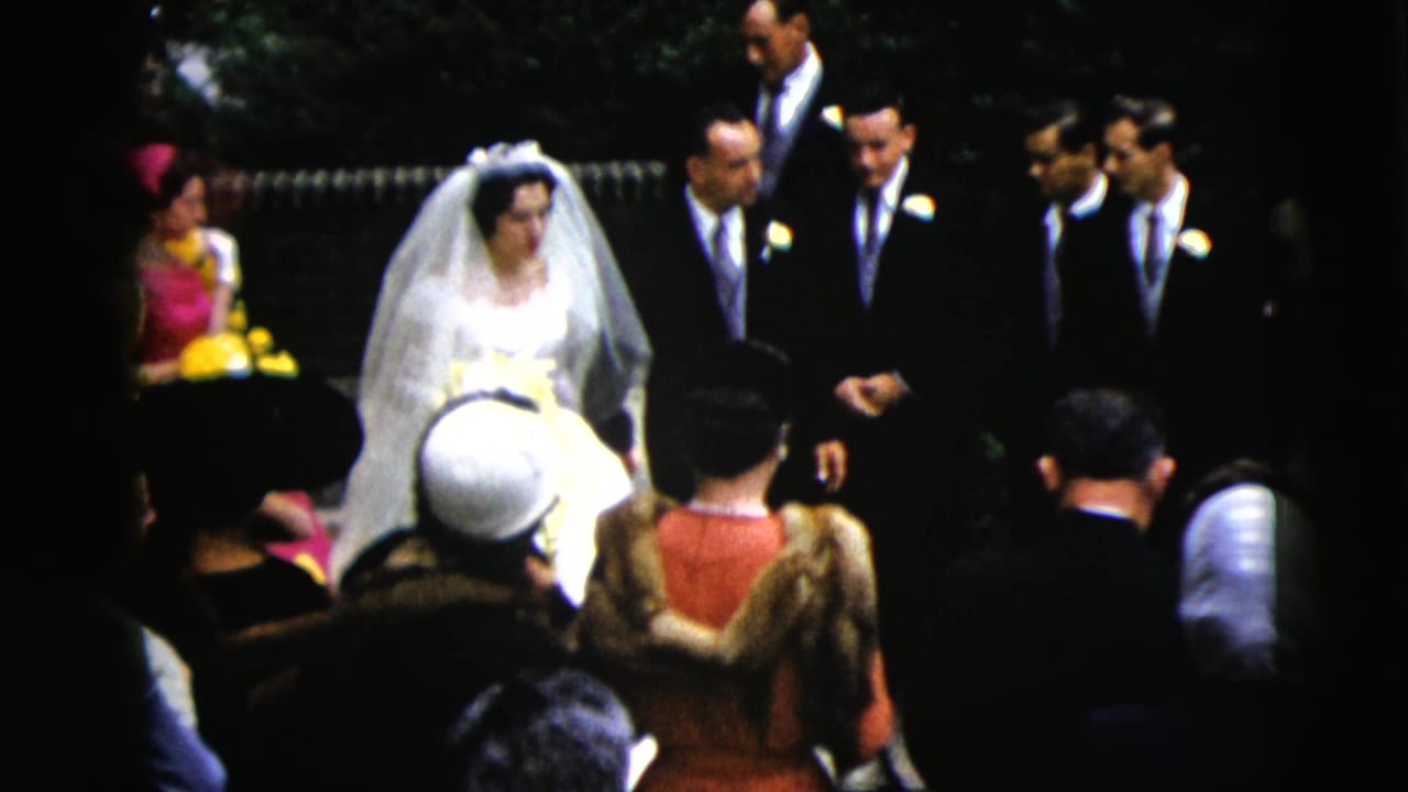 The bride in a white gown and veil pauses near groomsmen during the Moline, Illinois wedding ceremony, with guests visible in front.