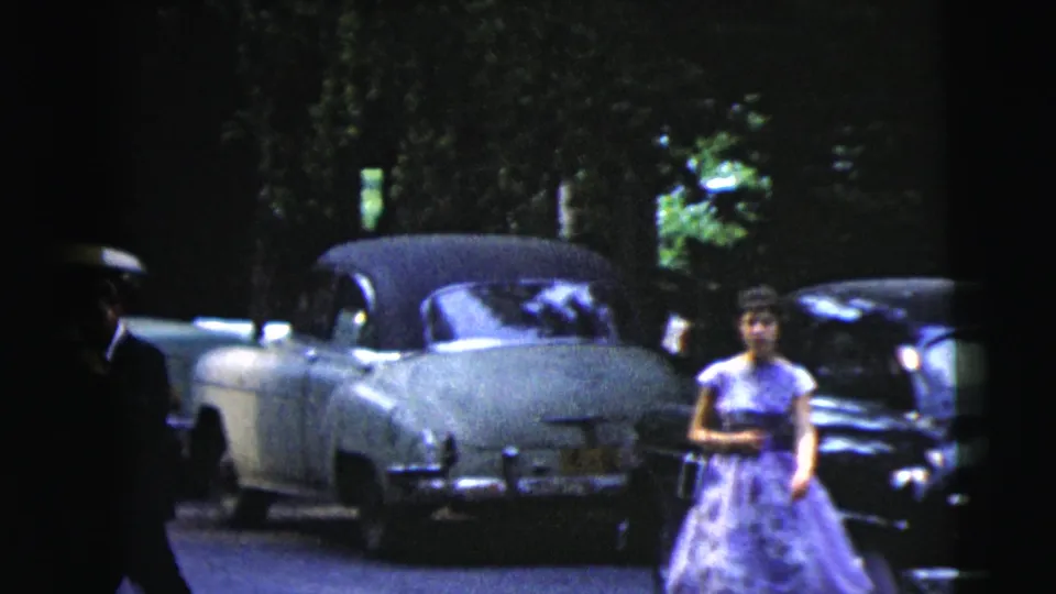 A woman in a purple formal dress stands near parked cars as the suited man moves toward the edge of the frame.