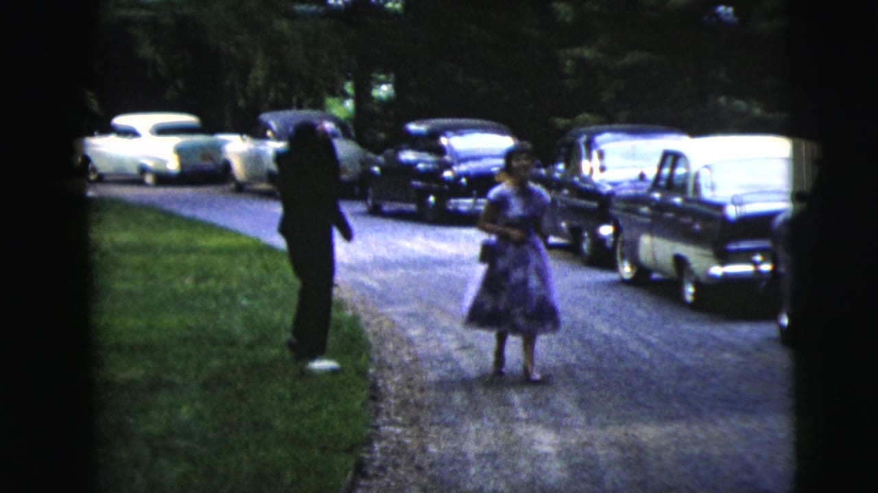 A woman in a purple floral dress and a suited man appear on a tree-lined driveway in Moline, Illinois, with 1960s cars in the background.