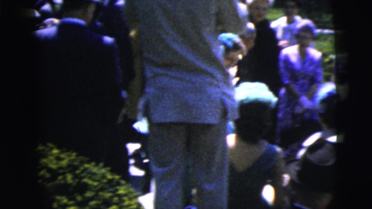 Guests gathered outdoors in bright sun, with seated people and trees behind them.