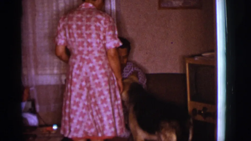 In a 1966 Clarkdale, Arizona home-movie frame, a woman in a pink patterned dress stands with her back to camera near a seated man and dog.