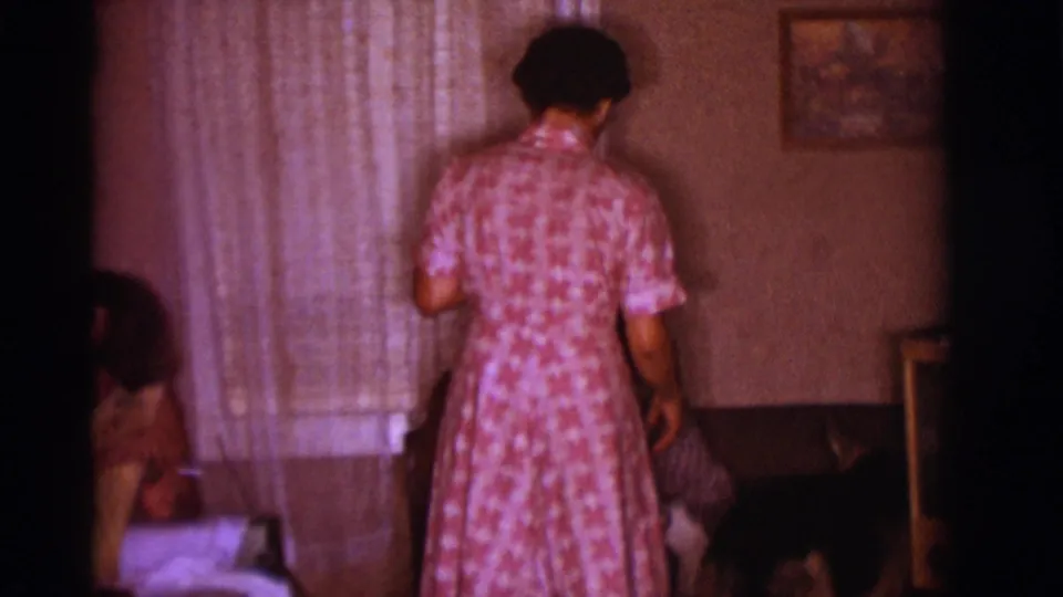 The home-movie frame shows a woman from behind in a 1966 Clarkdale living room, with a seated man and dog partly obscured near the sides.