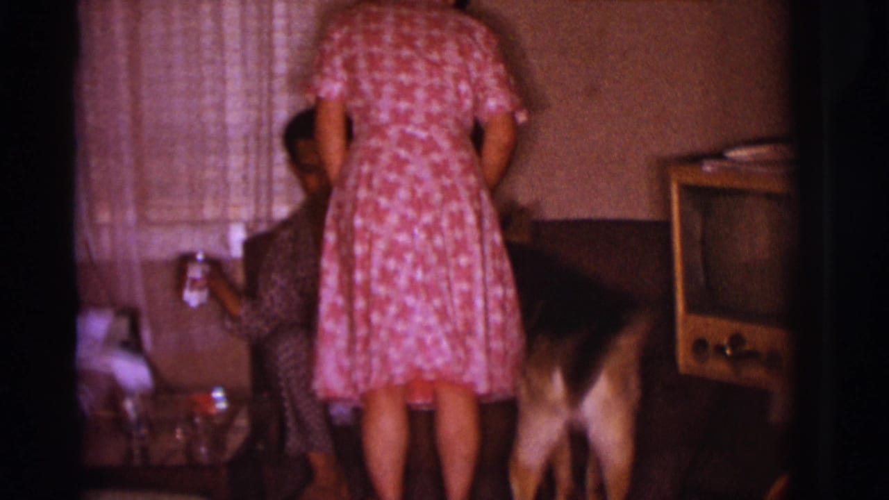 Woman standing by a couch as a seated man holds a drink and a dog moves through the living room.