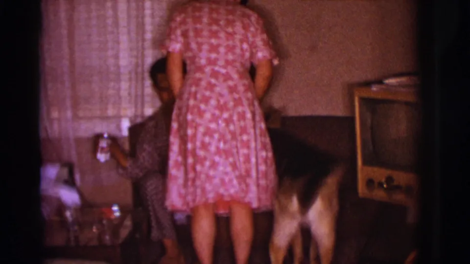 1966 Clarkdale home-movie frame with a woman standing near a seated man, a dog, lace curtains, and a wooden television in a living room.