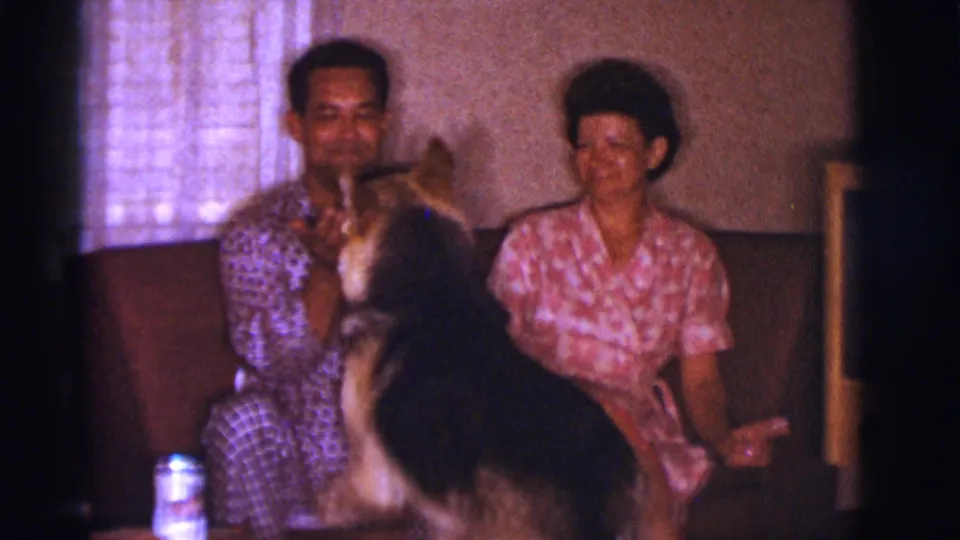 1966 Clarkdale, Arizona frame showing a dog standing up toward a seated couple in patterned sleepwear inside a living room.