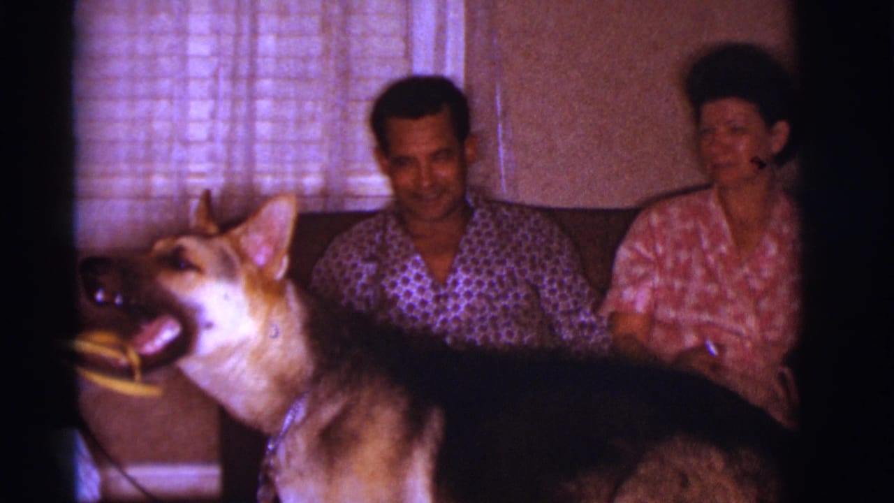 The German Shepherd crosses the foreground in a Clarkdale living room while two adults in patterned sleepwear watch from a couch.
