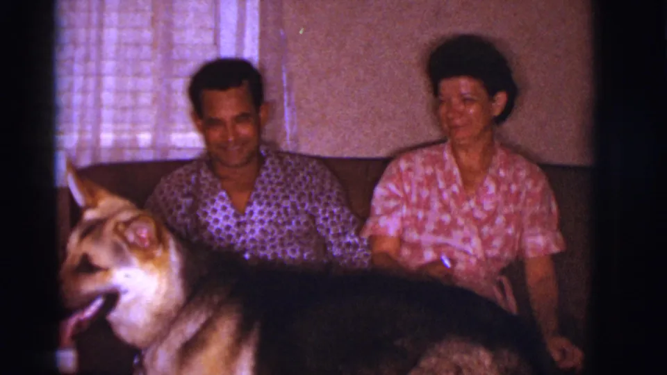 A German Shepherd fills the lower foreground as two adults sit in a softly lit 1966 Clarkdale living room.