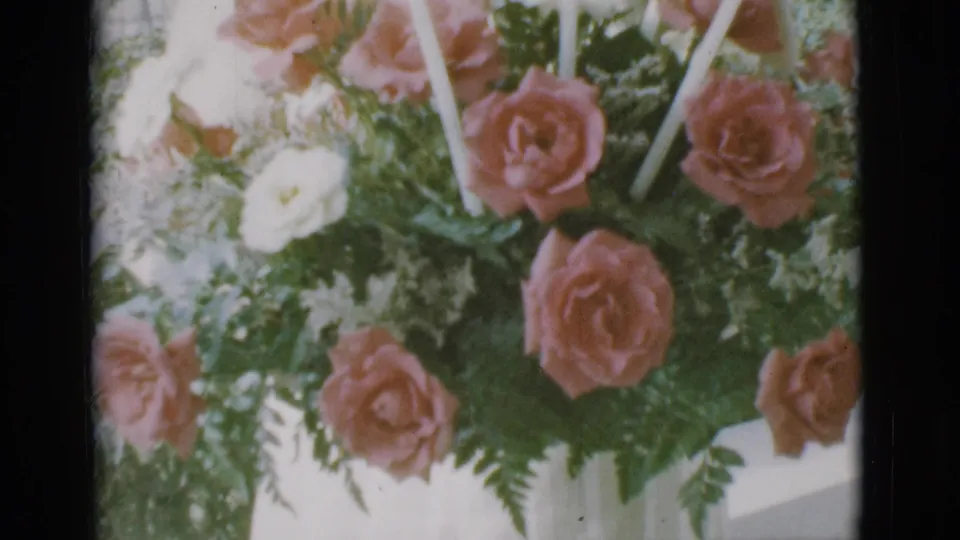 Final 1966 Clarkdale frame showing pink roses and white flowers clustered in greenery, filmed close up in outdoor daylight.
