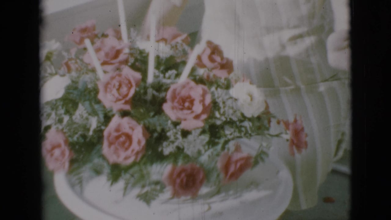 Pink and white roses with green ferns arranged in a white bowl on a table.