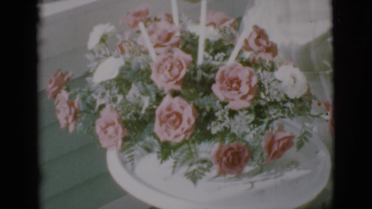 Bouquet of pink and white roses in a white bowl, with ferns and pale background fabric.