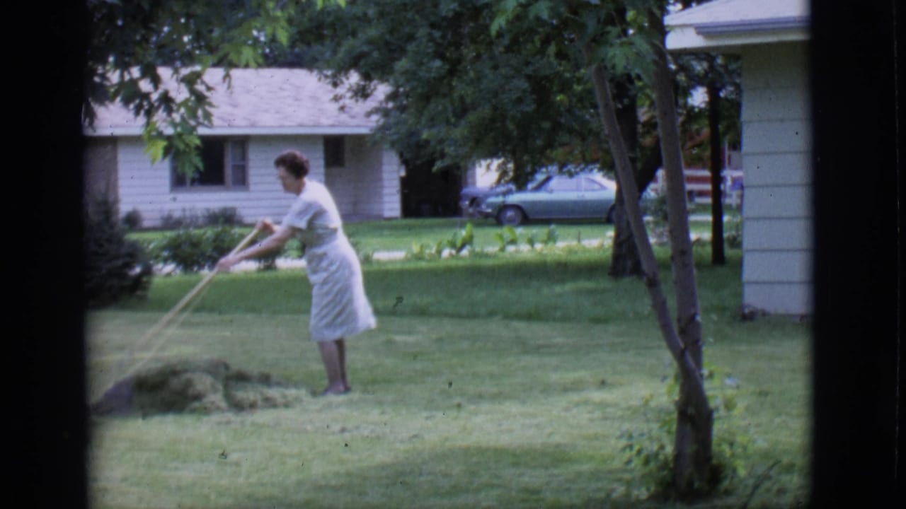 Woman in a light dress raking grass clippings on a lawn near trees and a house.