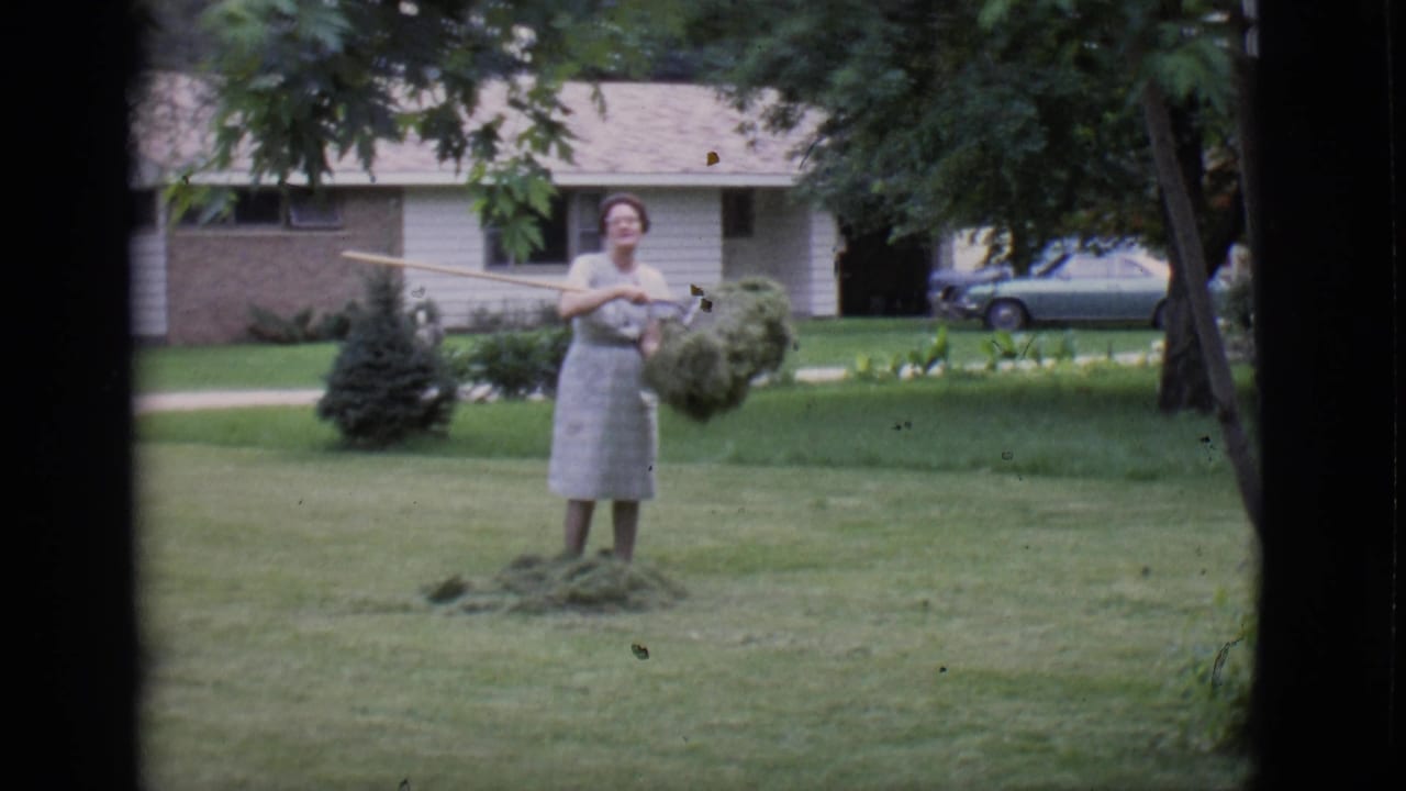 The woman stands on the lawn holding a rake and gathered grass, looking toward the camera in a 1966 Clarkdale residential yard.
