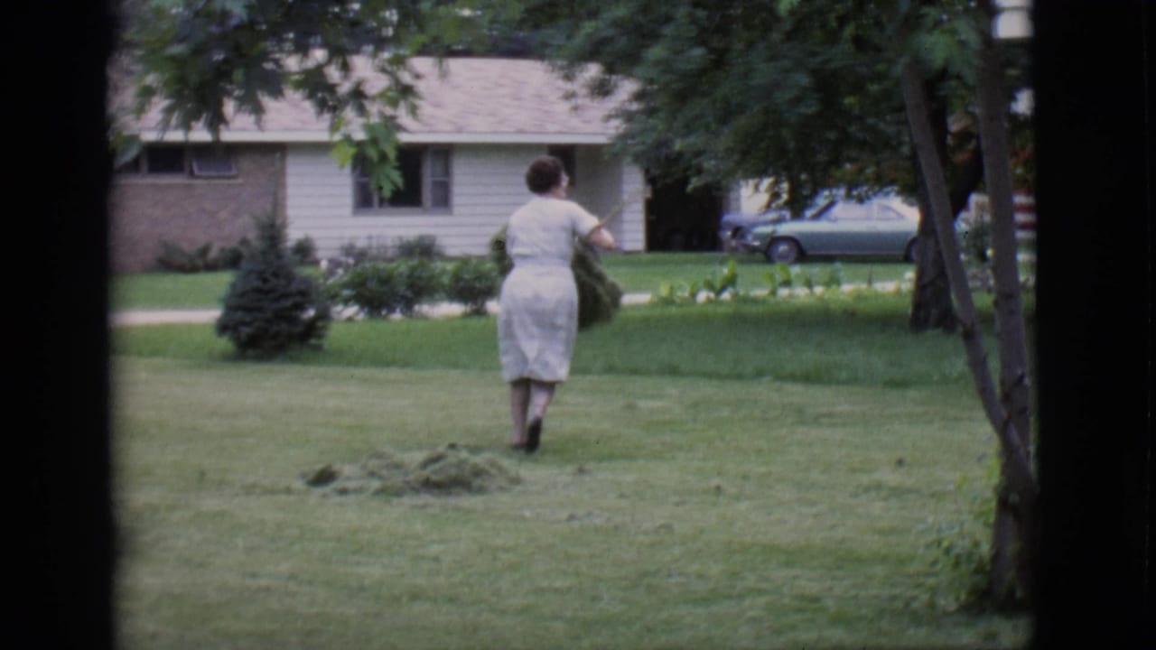 Woman in a light dress stands on a lawn near a pile of clippings.