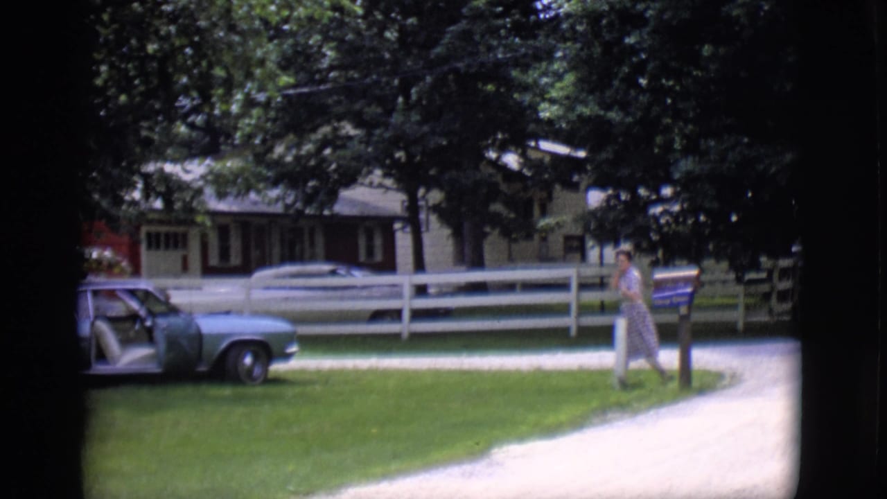 Woman walking across a lawn toward a light blue car with an open door.