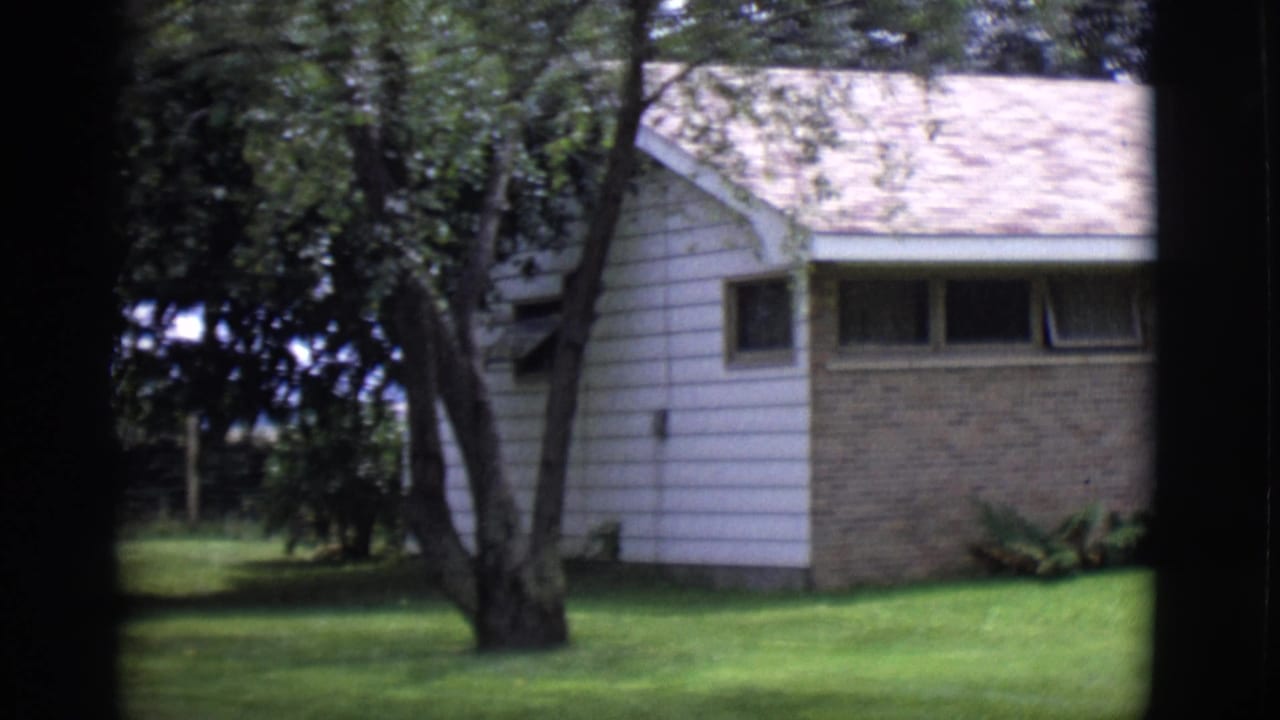 Side view of the house partly framed by trees and a bright lawn.