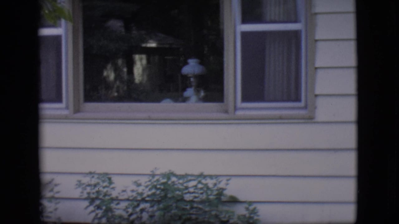 House exterior with a large window, curtains, an interior lamp, shrubs, and dark frame borders.