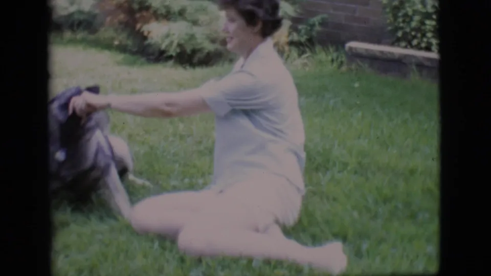 1966 Clarkdale home-movie frame showing a woman seated on the lawn, reaching toward and petting a dog near shrubs and a low wall.