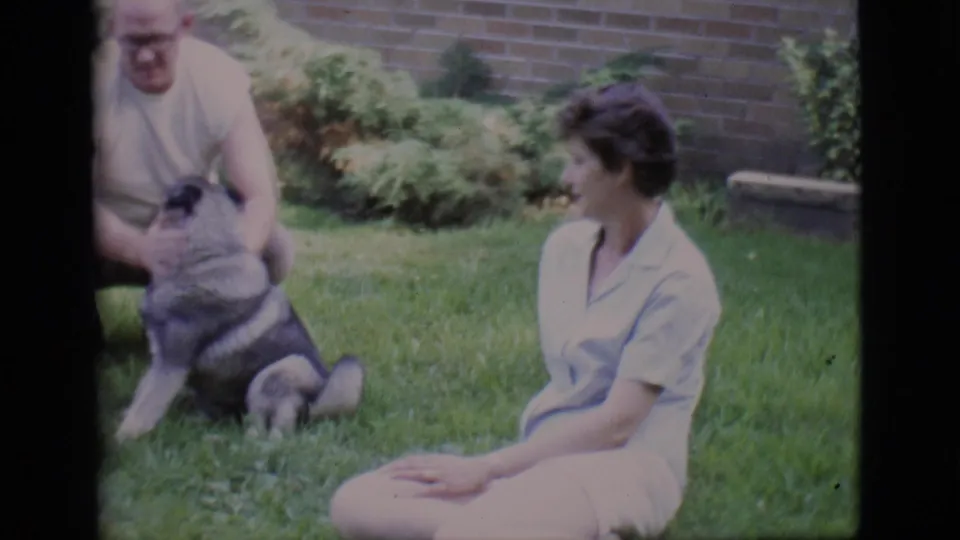 The large dog shifts near a seated woman in a light dress, with the man partly cropped at the side of the 8mm frame.