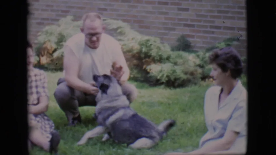 In the backyard scene, the man gestures toward the large dog as two seated women remain nearby on the lawn.
