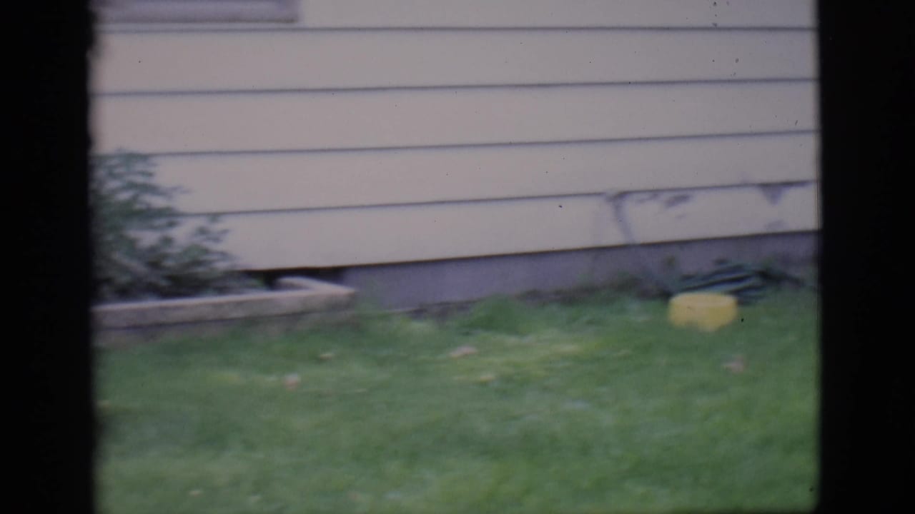 White-sided house wall, grass lawn, stone border, and a yellow object near the yard.
