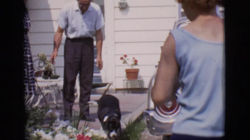 The woman walks away near the sedan as an older man and a black dog appear by the garden and house.
