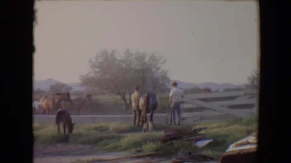 1967 Flagstaff rural frame with a man, a dark horse, a foal grazing, wooden fencing, trees, and distant mountains.