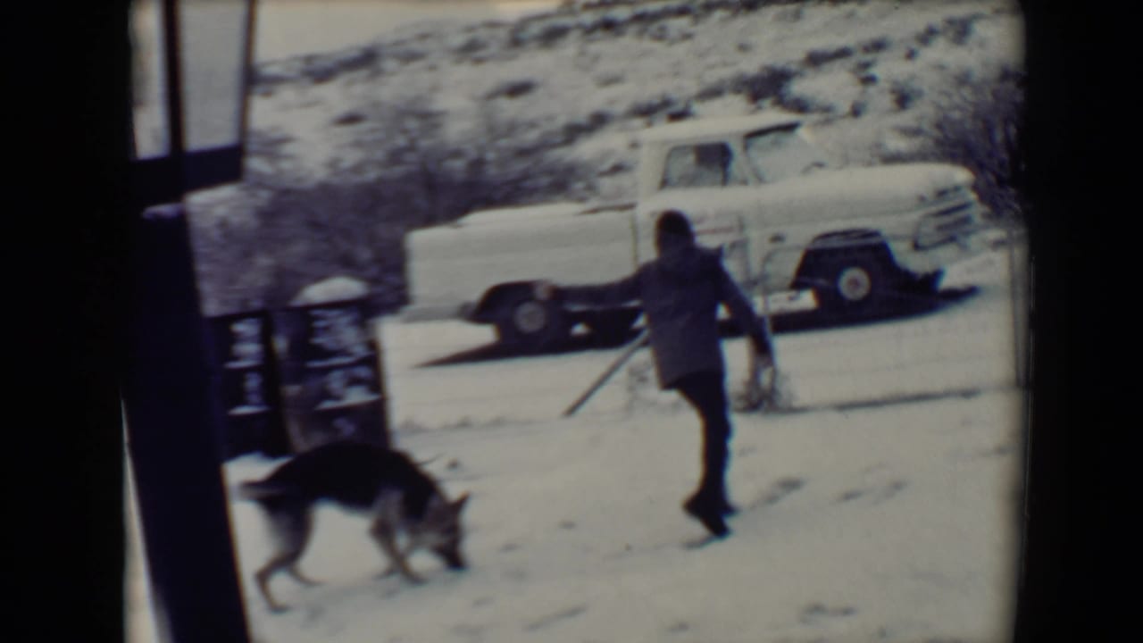 Child runs across snowy ground as a dog moves nearby, with a white pickup in the background.