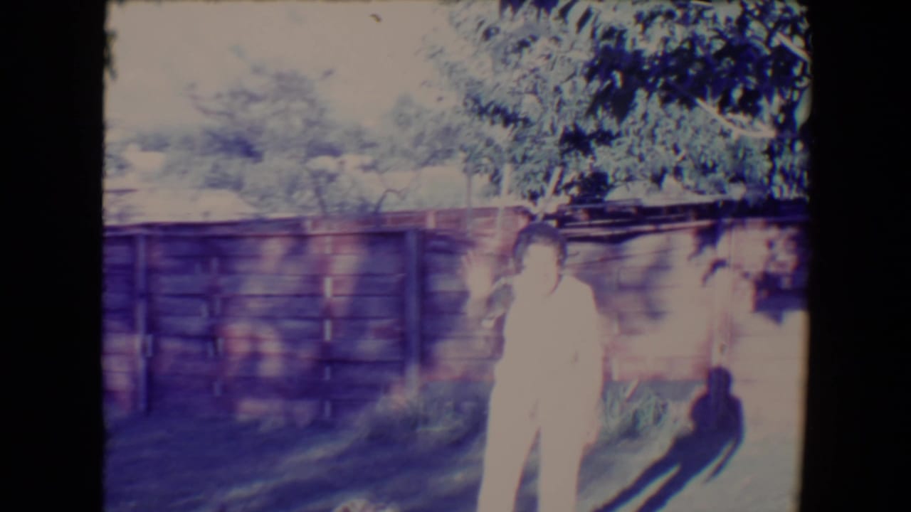 1967 Tucson home-movie frame of a woman in a light outfit standing in a fenced backyard as a small dog moves nearby.