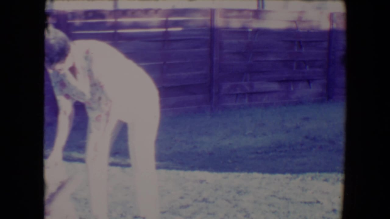 In 1967 Tucson home-movie footage, a woman in light pants bends toward the ground in a fenced backyard.