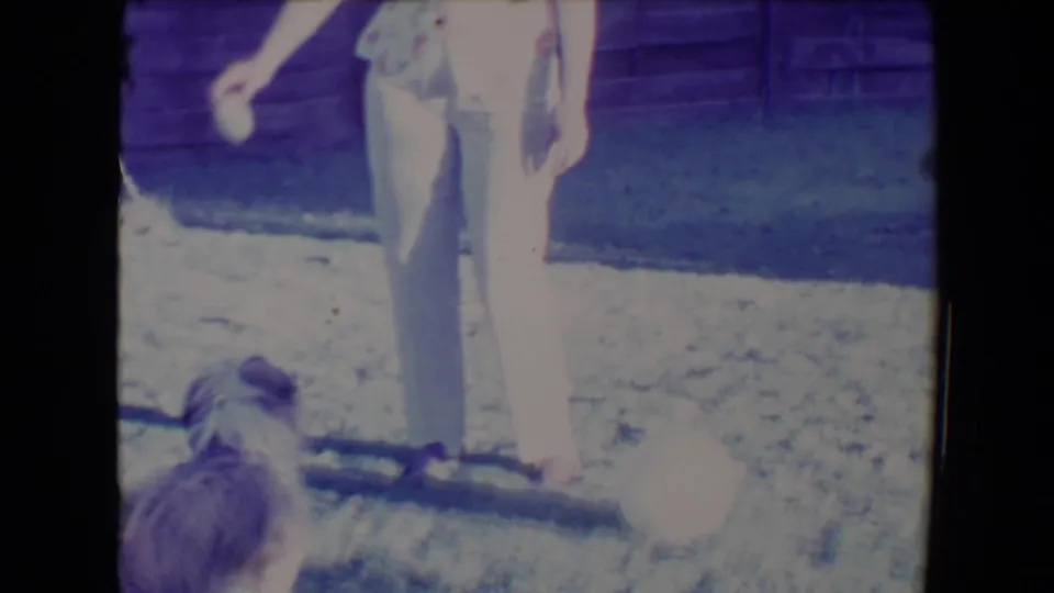 The woman holds or lowers a pale ball near a small dark dog in a fenced Tucson backyard, consistent with the supplied 1967 home-movie metadata.