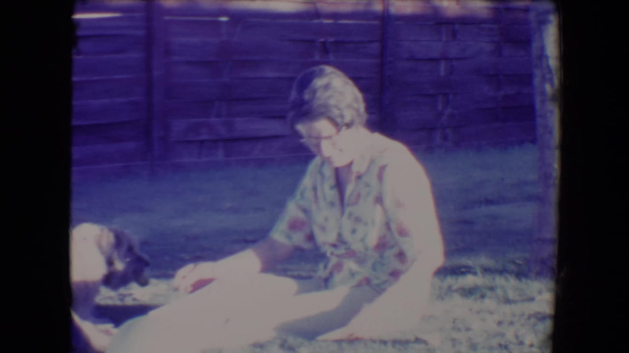 Woman looks down toward a dog lying on the grass beside her.
