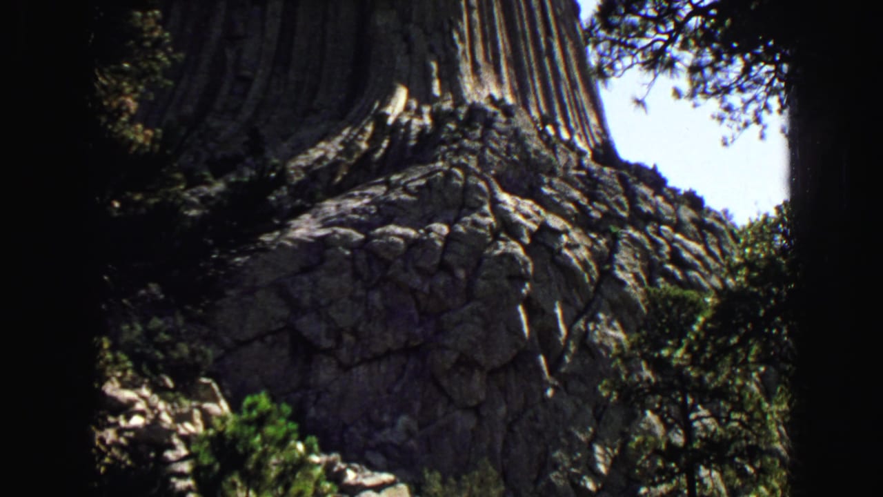Base of a tall ribbed rock formation seen through trees and film edges.