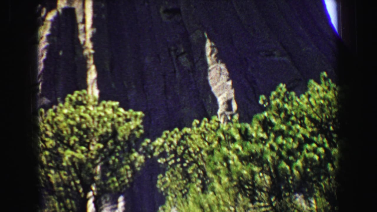 Green trees at the base of a tall shadowed cliff face with dark 8mm frame edges.