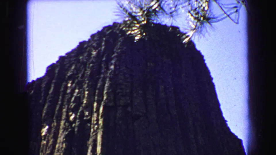 1967 Yellowstone 8mm frame from a low angle, showing the cliff rising into blue sky with pine branches overhead.