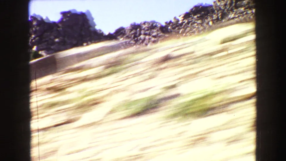 Final 1967 Yellowstone frame shows a blurred handheld view across pale ground, dark rock forms, trees, and bright sky.