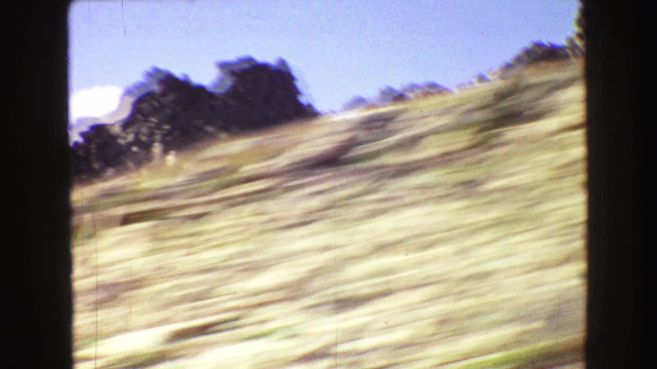 Blurred golden hillside and dark rocky ridge seen from a moving vehicle.