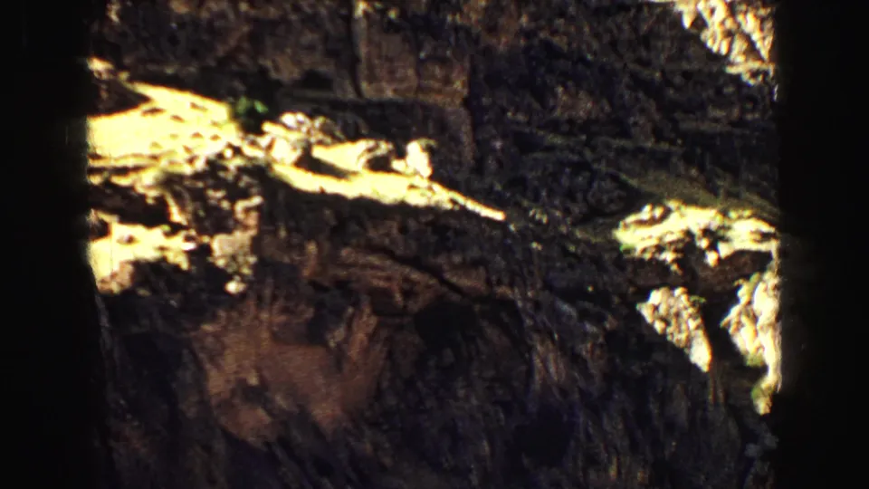 1967 Yellowstone 8mm view of steep, shadowed rocky terrain broken by bright patches of sunlit stone.