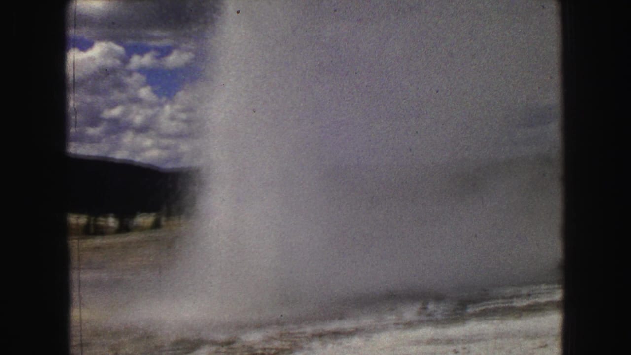 Old Faithful geyser plume rising beside a cloudy sky and distant dark treeline.